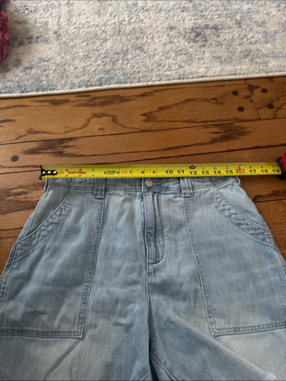 PILCRO Super High Rise Denim Bermuda Shorts Raw Hem Patch Pockets Jorts Size 28 - Picture 8 of 9